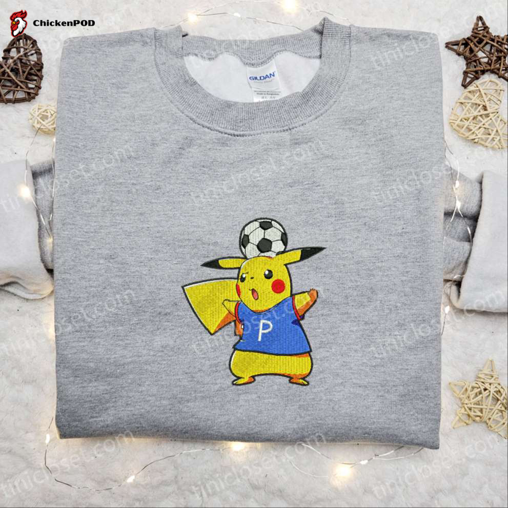 Pikachu Plays Soccer Embroidered Shirt & Pokemon Anime Hoodie – Best Sports Gift Idea for Fans