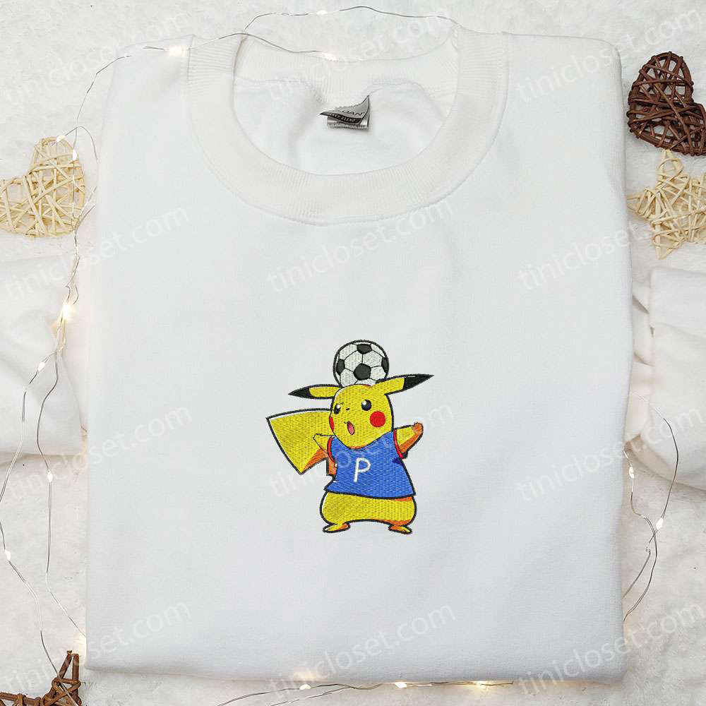 Pikachu Plays Soccer Embroidered Shirt & Pokemon Anime Hoodie – Best Sports Gift Idea for Fans