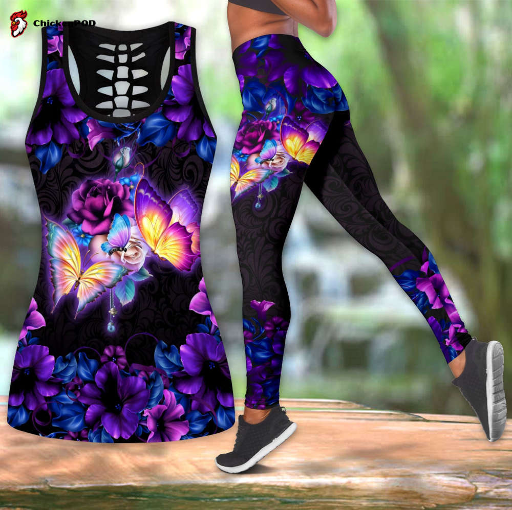 Purple Butterfly With Flower Combo Legging + Tanktop