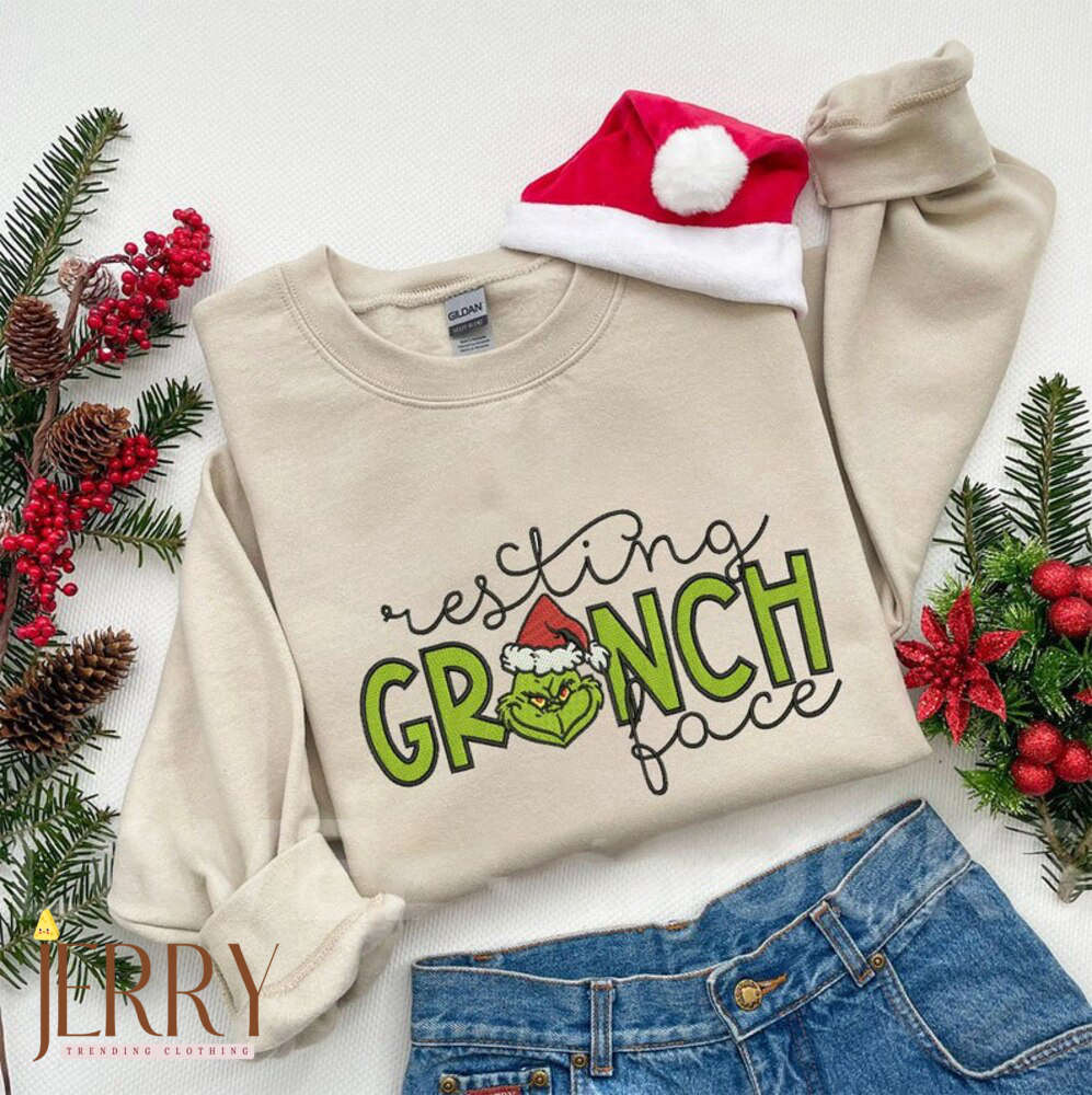 Resting Grinch Face Christmas Embroidered Sweatshirt – Funny Xmas Gift for Happy New Year