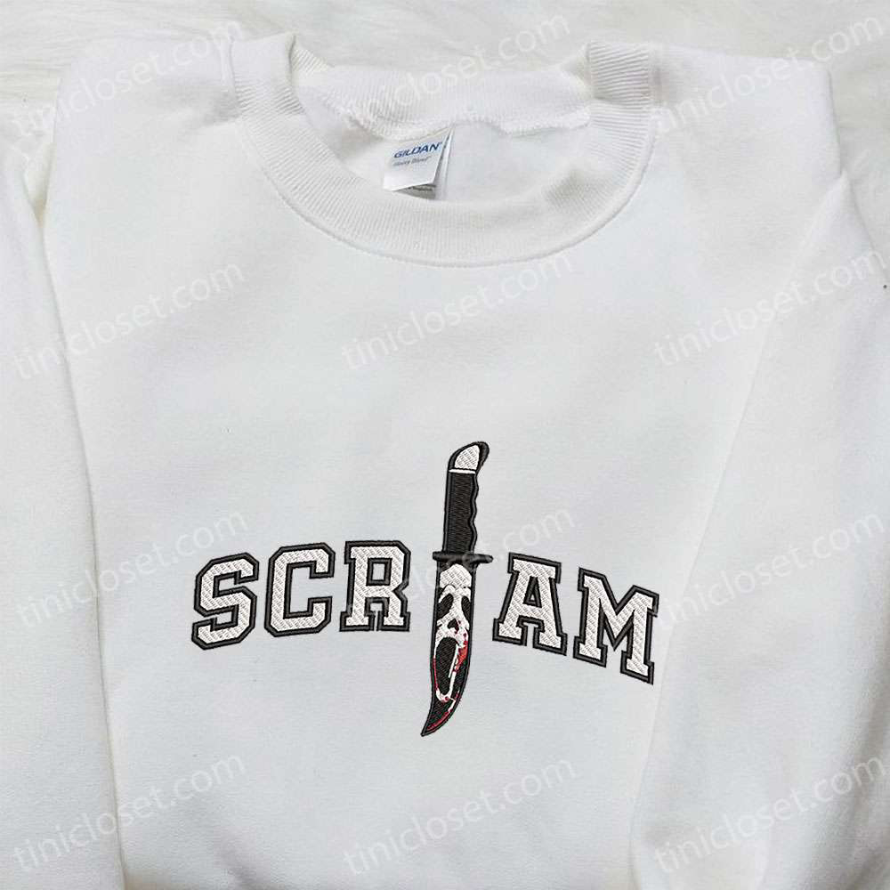 Scream Ghost Face Knife Embroidered Shirt: Horror Characters Perfect Halloween Gift for Lovers