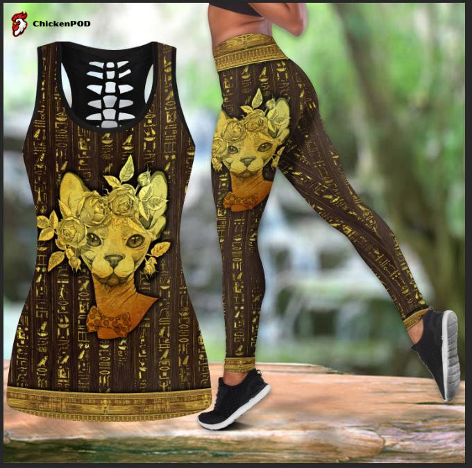 Sphynx Cat in a rose tattoos combo outfit legging + hollow tank For Women Sport Gifts PL