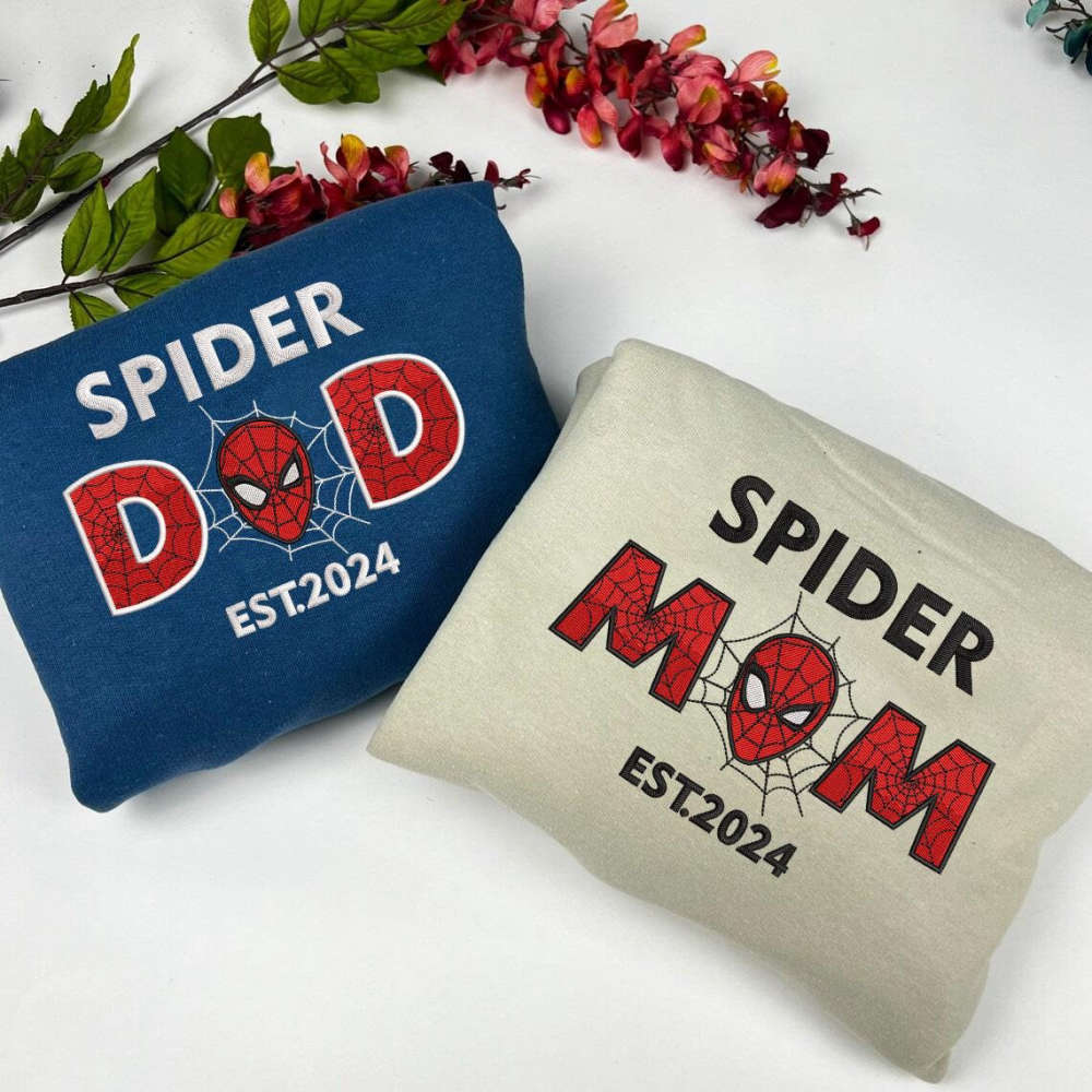 Spider Dad & Spider Mom Custom EST Embroidered Shirt & Sweatshirt – Perfect Spiderman Couple Gift for Mother s Day