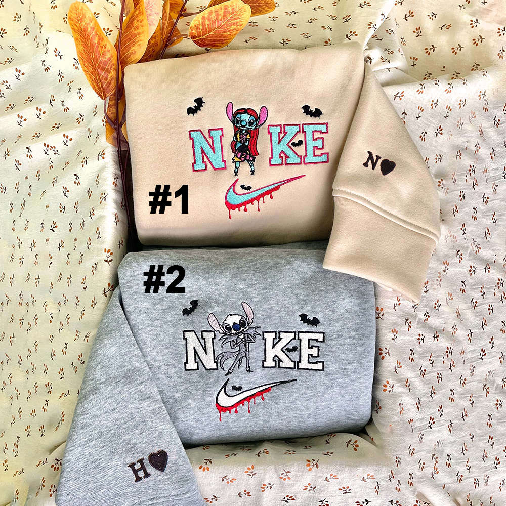 Disney Nike Embroidered Sweatshirts: Stitch and Angel as Jack and Sally – Trendy and Unique Designs!