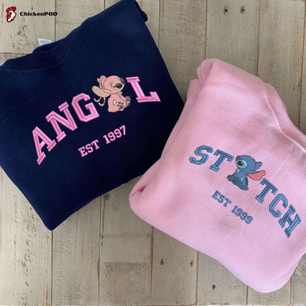 Stitch and Angel Embroidered Sweatshirt – Couple Cartoon Shirt for Valentine s Gift