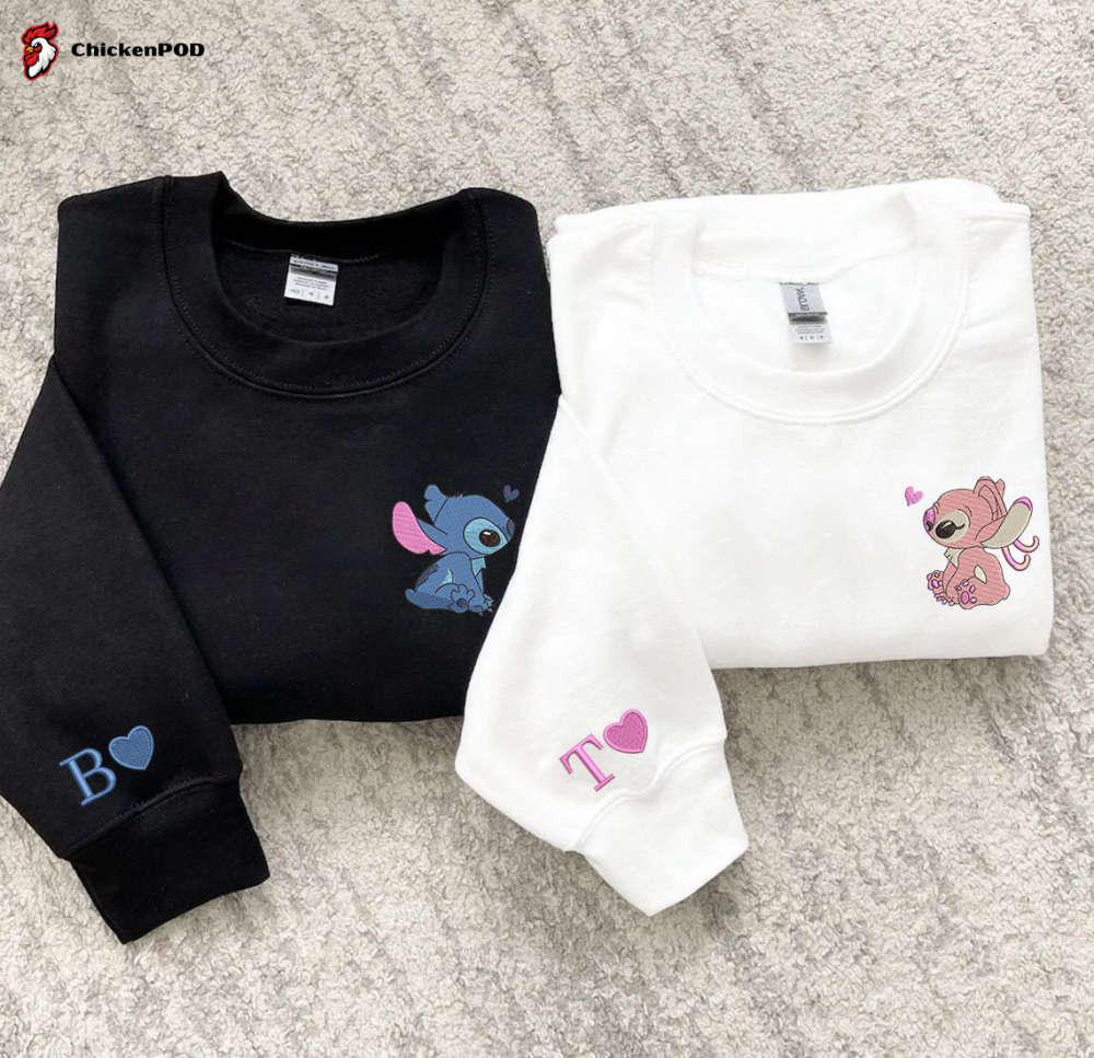 Stitch and Angel Embroidered Sweatshirt Couple Cartoon Shirts – Perfect Valentine s Gift for Couples