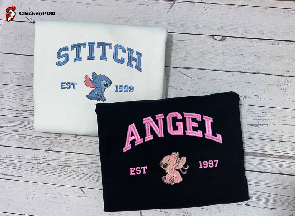 Stitch and Angel Embroidered Sweatshirt – Couple Cartoon Shirt for Valentine Gift with Valentine Embroidery Designs