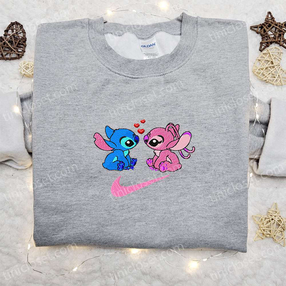 Stitch & Angel Love x Nike Swoosh Cartoon Embroidered Shirt Lilo & Stitch Inspired Nike Embroidered Shirt