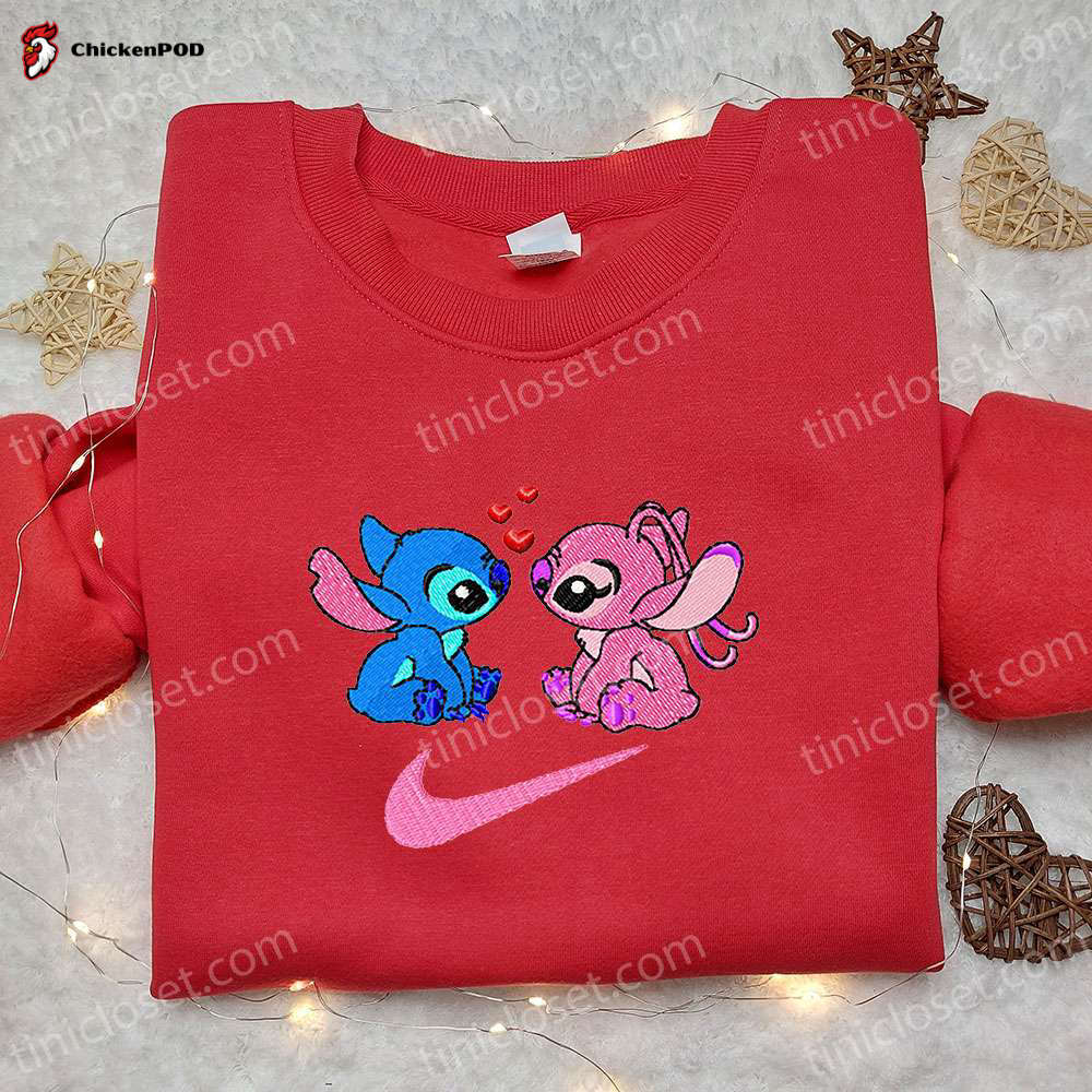 Stitch & Angel Love x Nike Swoosh Cartoon Embroidered Shirt Lilo & Stitch Inspired Nike Embroidered Shirt