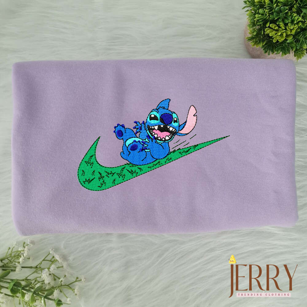 Disney Nike Embroidered Sweatshirt: Stitch On The Grass – Unique and Stylish!