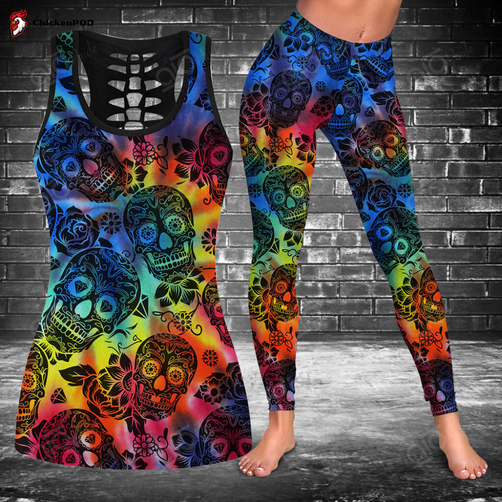 Sugar Skull Black Tie Dye Hollow Tank Top Or Legging