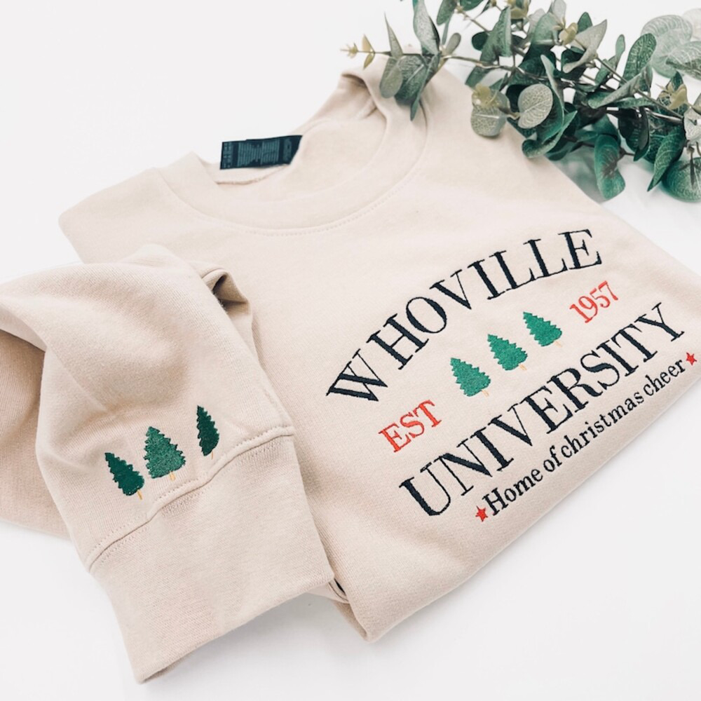 Whoville University Christmas Embroidered Sweatshirt – Festive Holiday Jumper Crewneck Hoodie Xmas