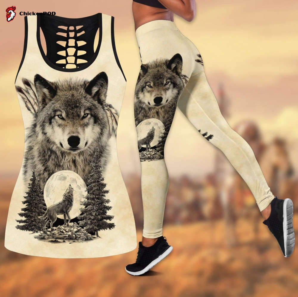 Wolf Native American 3D All Over Printed Legging + Hollow Tank