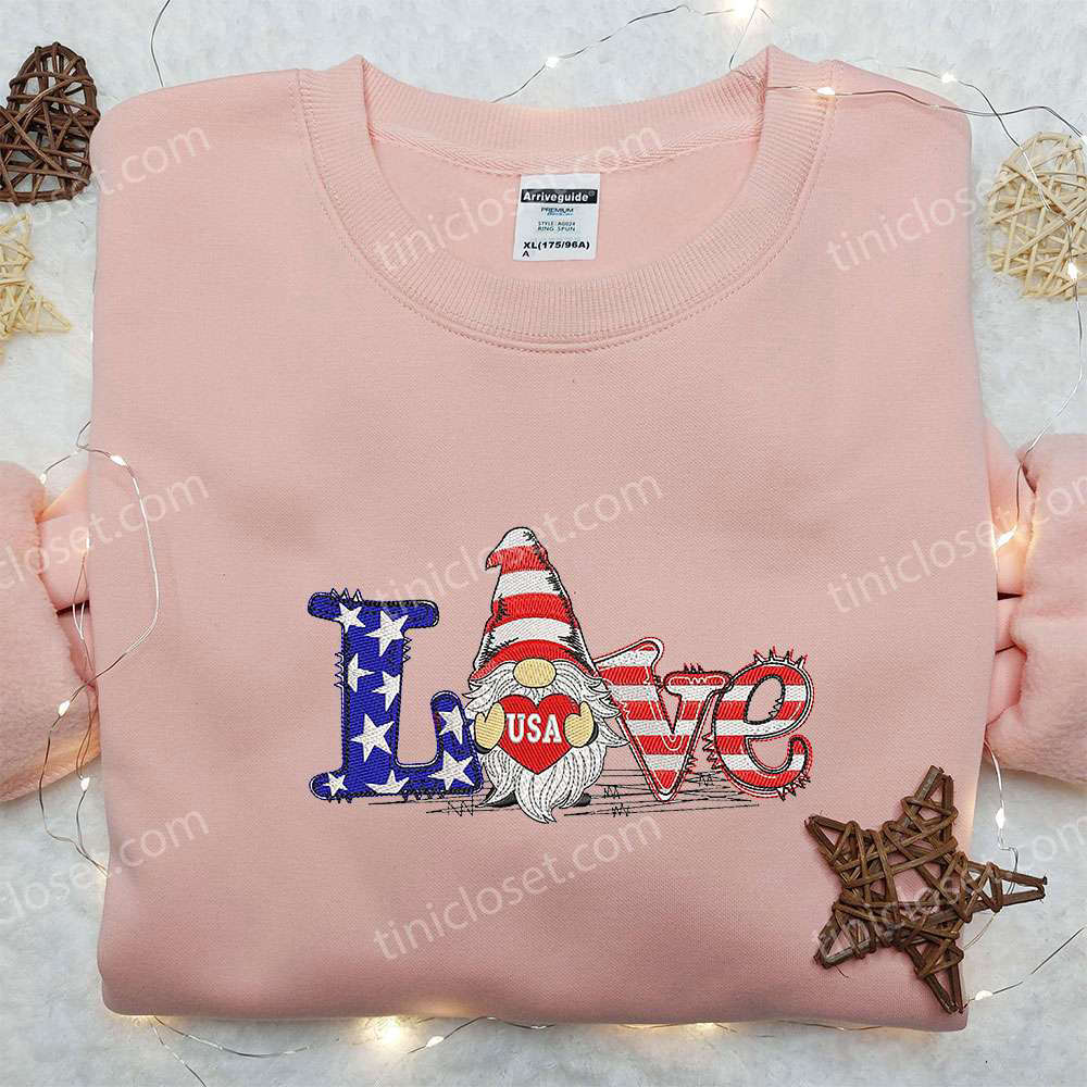 Celebrate 4th of July with Patriotic Gnome Embroidered Shirt – Perfect National Day Gift