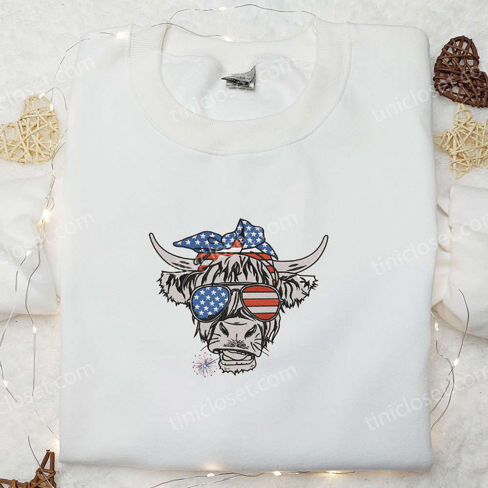 4th of July Patriotic Cow Shirt: USA Flag Sunglasses Embroidered – Best Patriotic Shirts & National Day Gifts