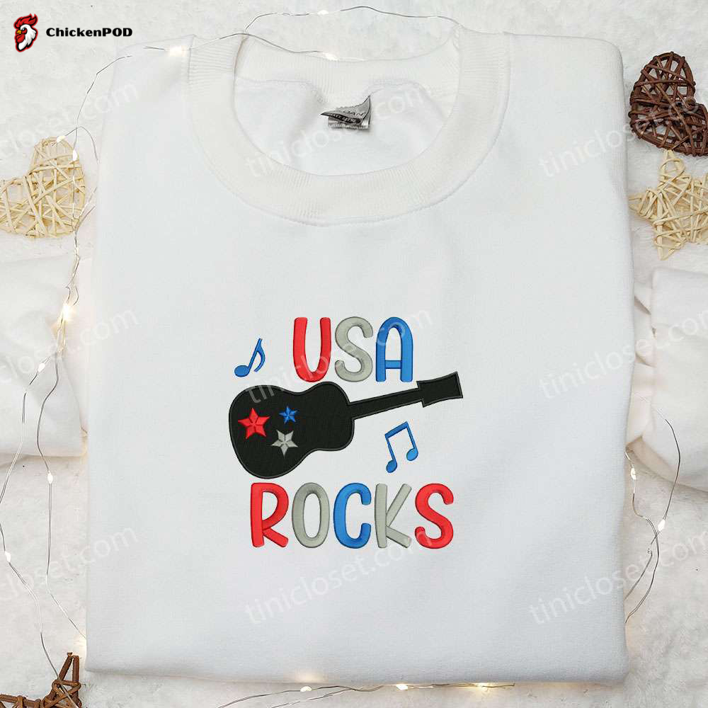 Rock Your 4th of July with USA Guitar Rocks Embroidered Shirt – Best Patriotic Shirts & National Day Gifts