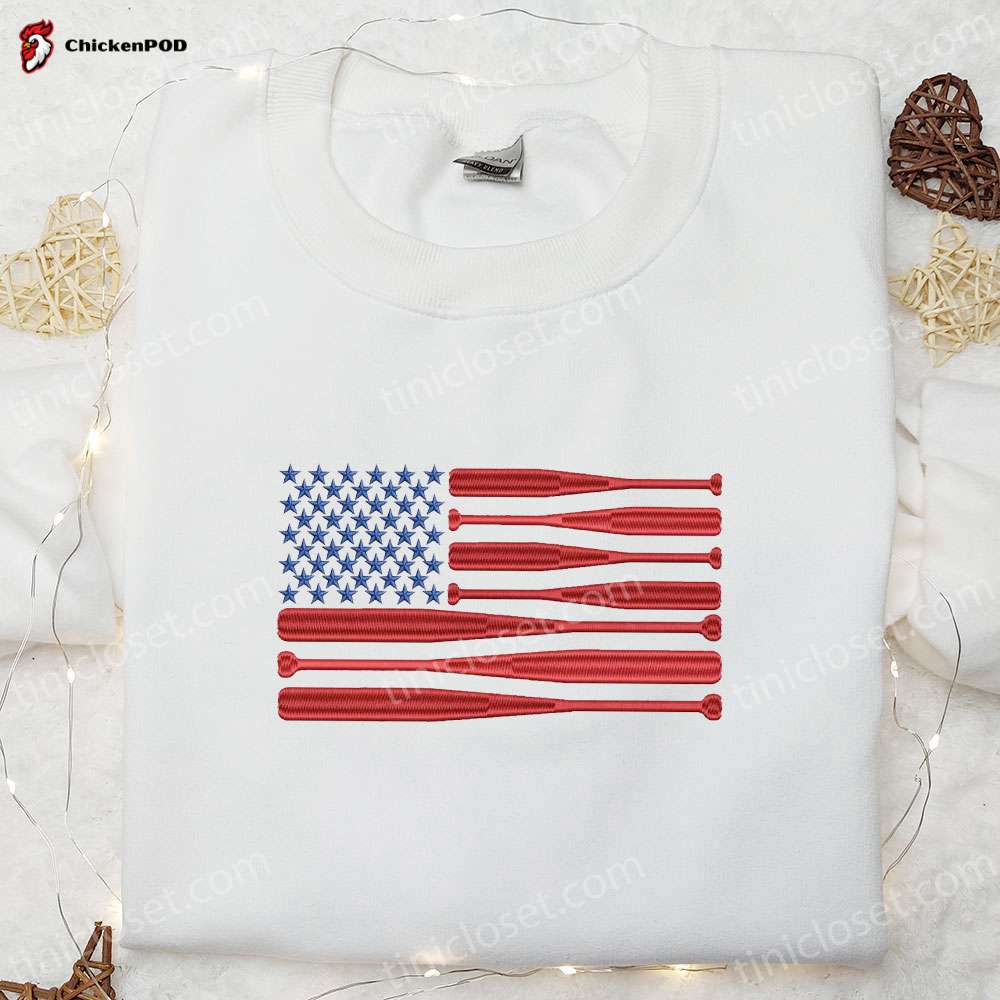 Show your American Pride with our Embroidered American Flag Baseball Bat Shirt