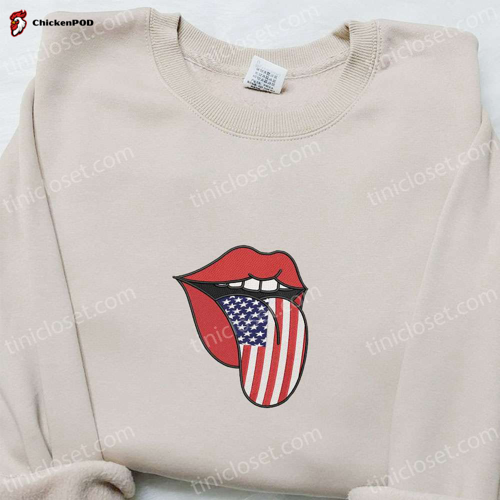 Celebrate 4th of July with American Flag Tongue Embroidered Shirt – Show Your Patriotism!