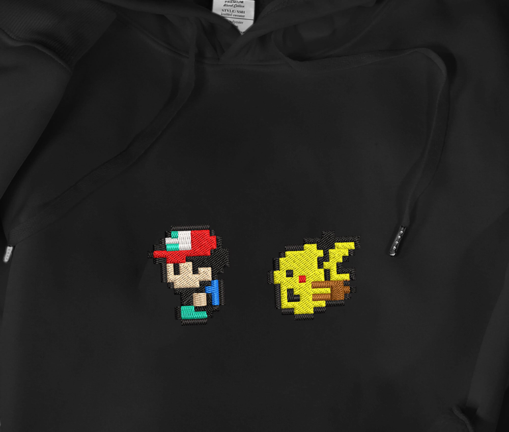 8-Bit Style Ash Pikachu Embroidered Hoodie – Perfect Gift for Christmas Birthday & Holidays