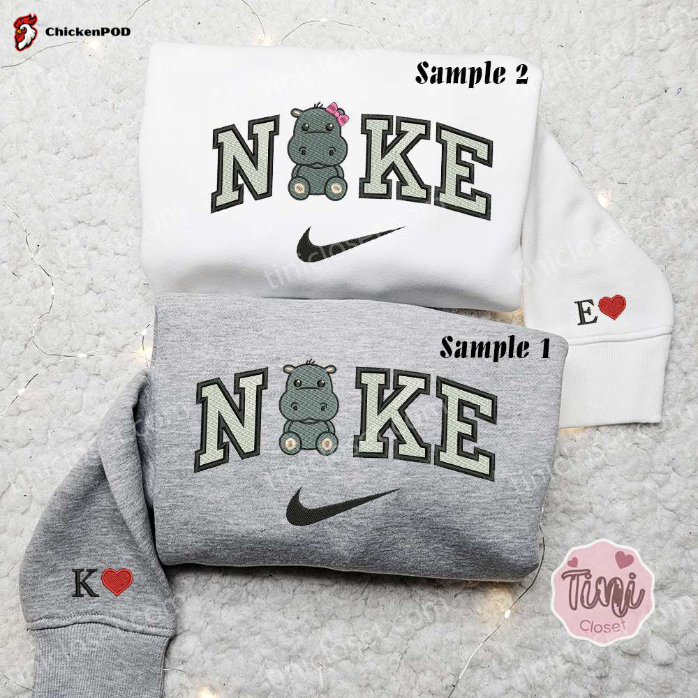 Cute Baby Hippos Couple Shirt Cartoon Characters & Nike Inspired Embroidered Hoodie – Unique and Trendy Designs!