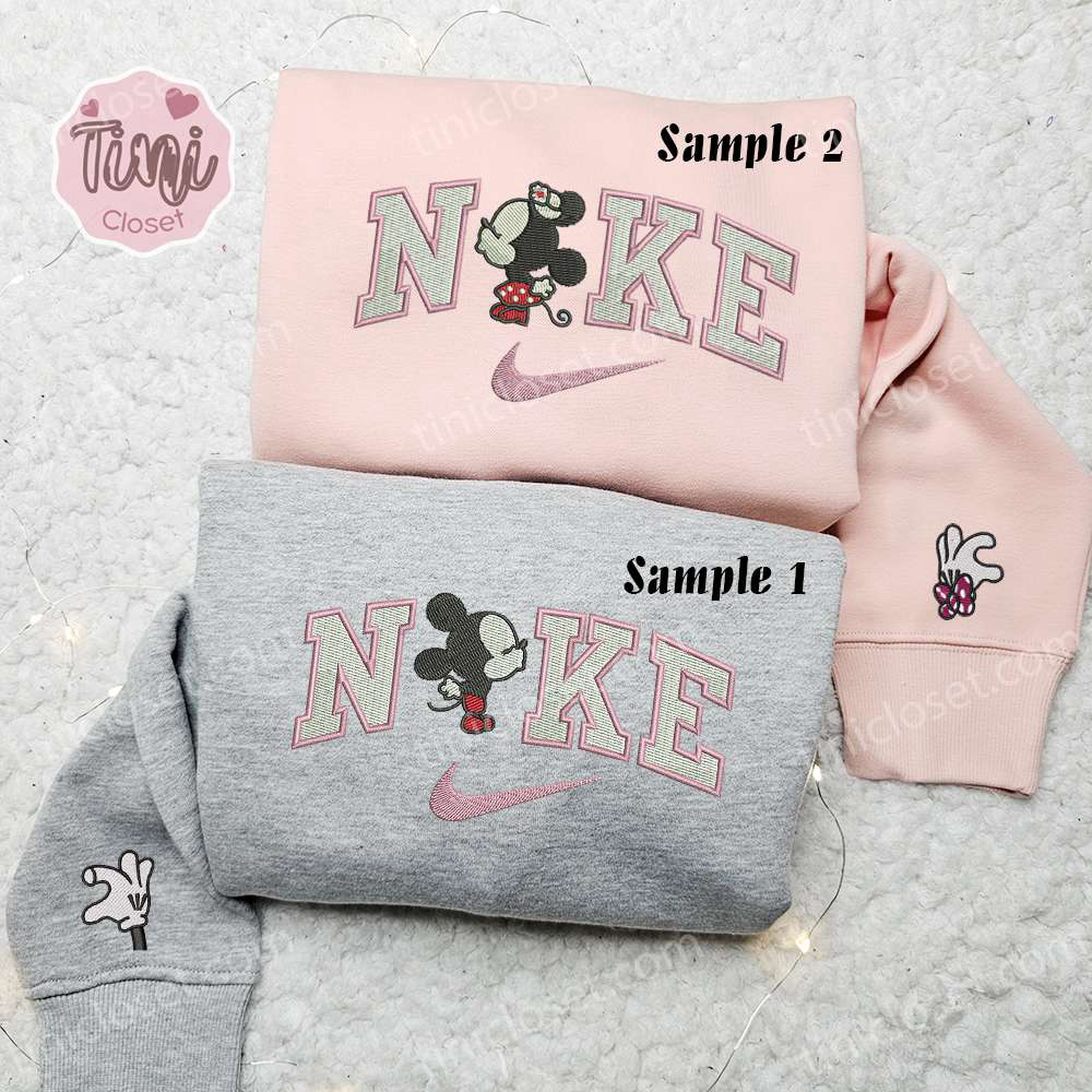 Adorable Baby Mickey And Minnie Kiss x Nike Couple Embroidered Shirt Disney Characters Hoodie Valentine’s Day Sweatshirt