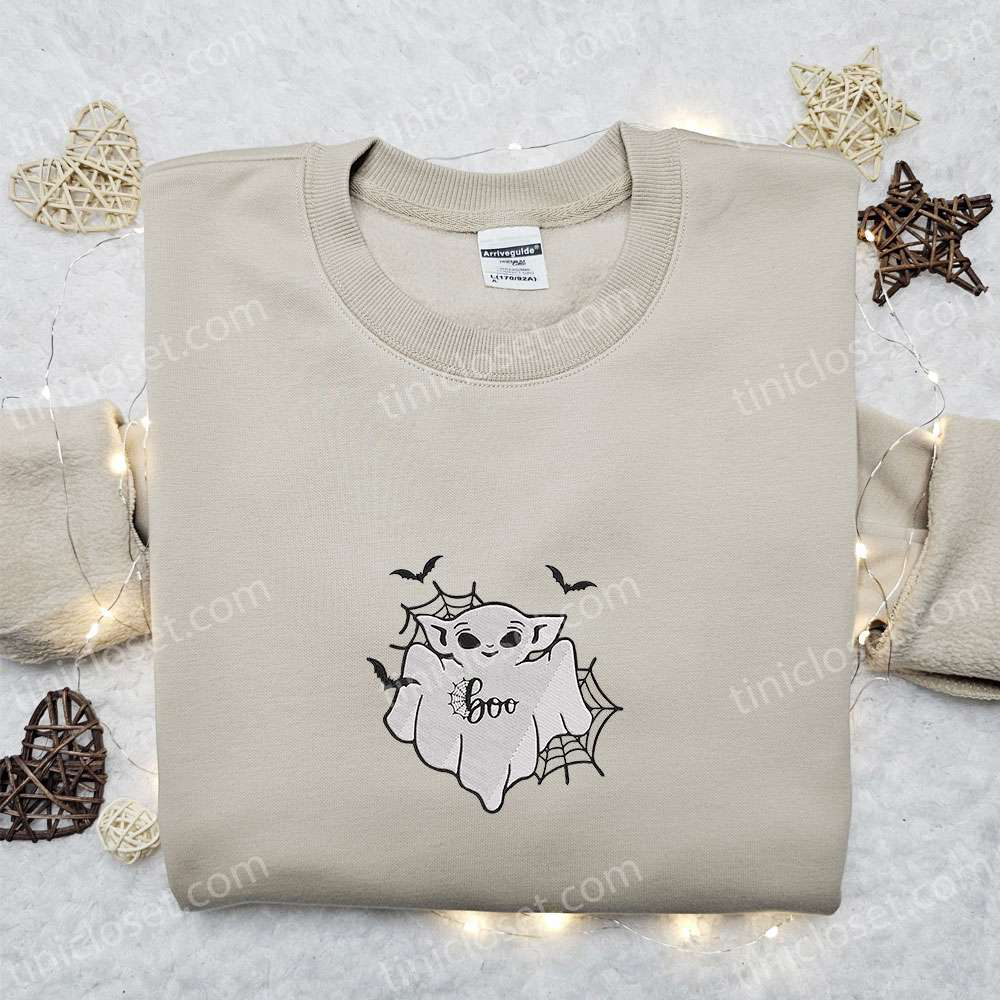 Spooky Cute: Baby Yoda Boo Ghost Embroidered Shirt & Hoodie – Top Halloween Gift Ideas