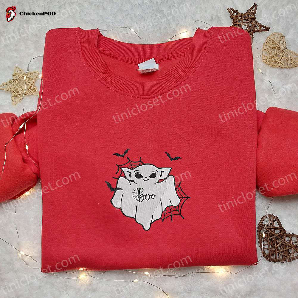 Spooky Cute: Baby Yoda Boo Ghost Embroidered Shirt & Hoodie – Top Halloween Gift Ideas