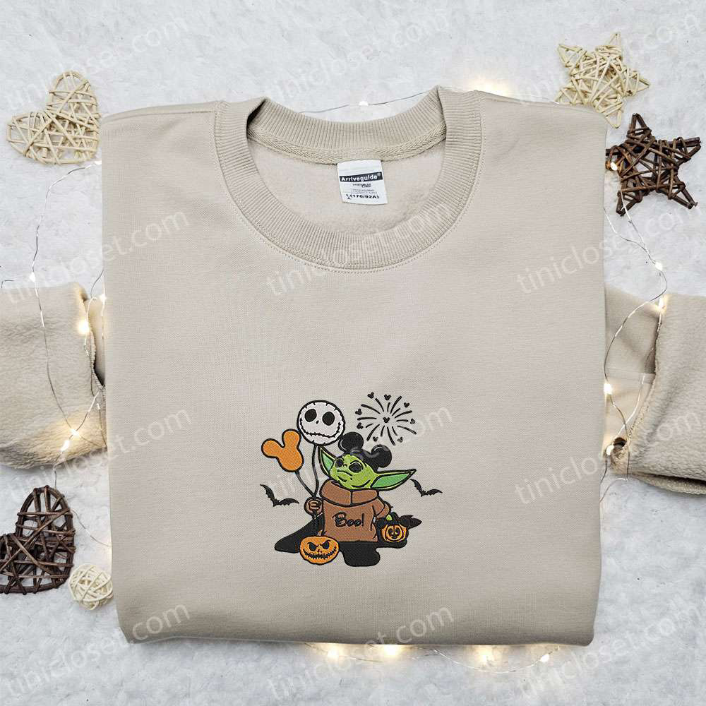 Baby Yoda Boo Jack Skellington Mickey Pumpkin Embroidered Sweatshirt – Spooky Halloween Movie Hoodie & Shirt