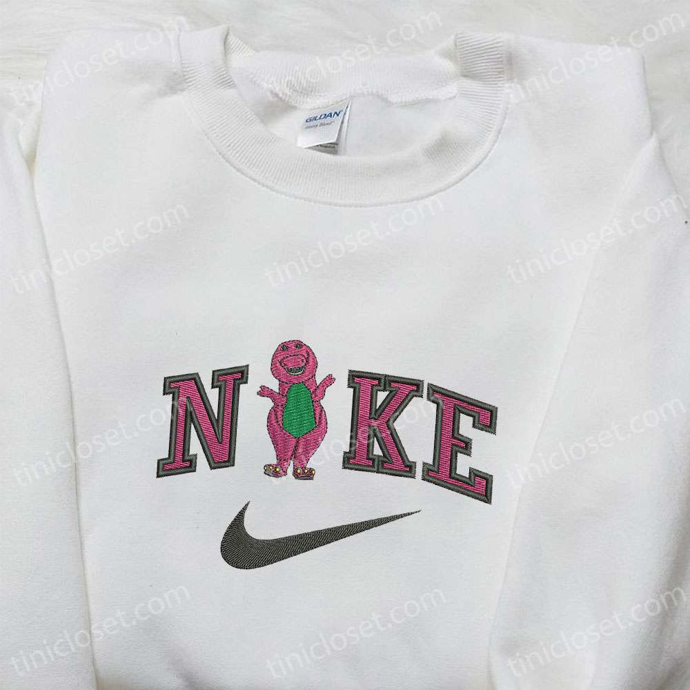 Barney x Nike Cartoon Embroidered Shirt: Fun Barney and Friends Design Nike-Inspired Style