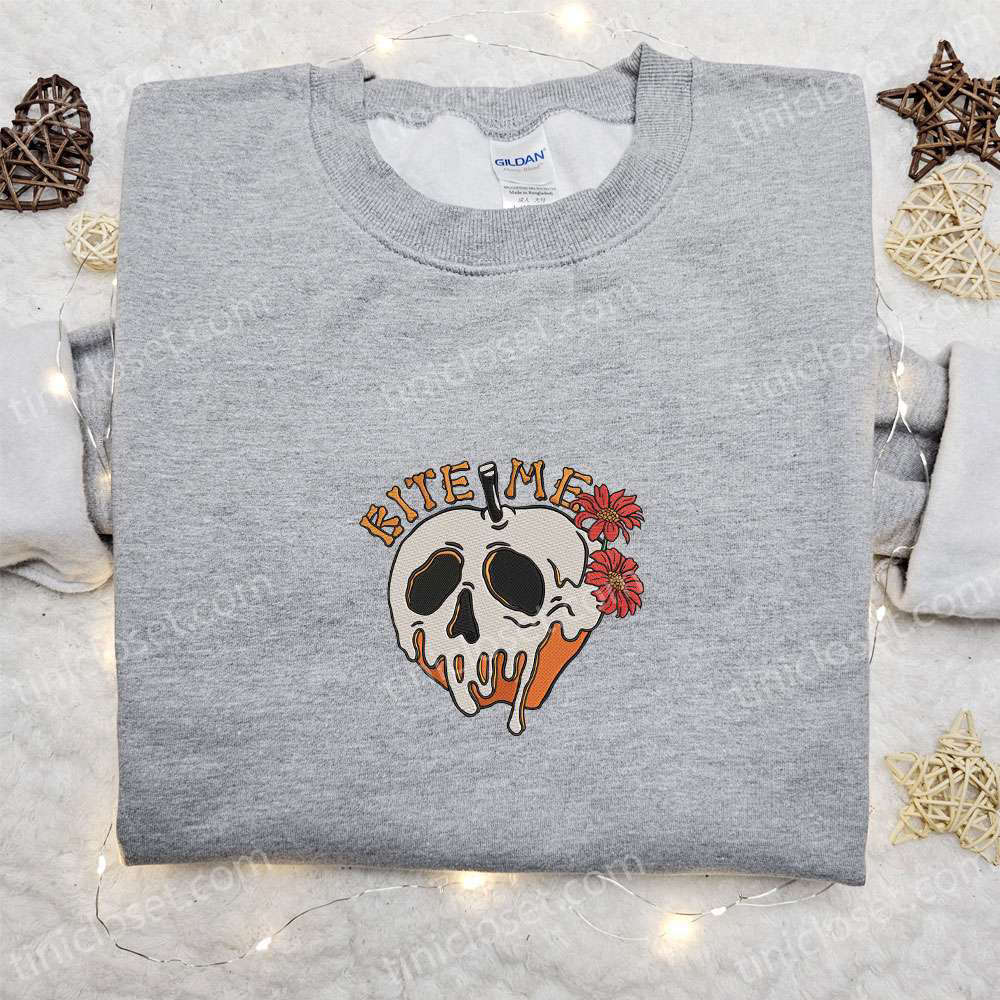 Bite Me Skull Poison Apple Halloween Embroidered Shirt – Best Halloween Gifts for Family