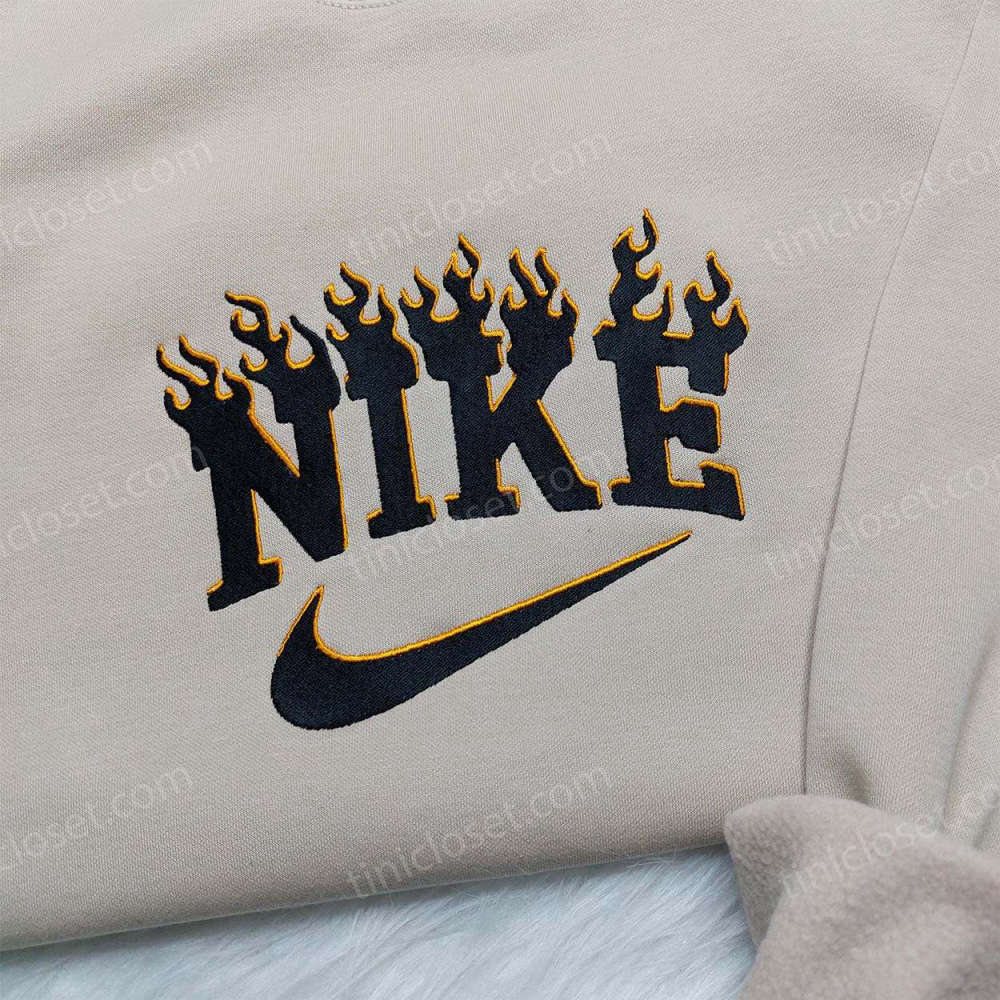 Stylish Black Flame Nike Embroidered Sweatshirt: Unique Nike Inspired Hoodie & Shirt