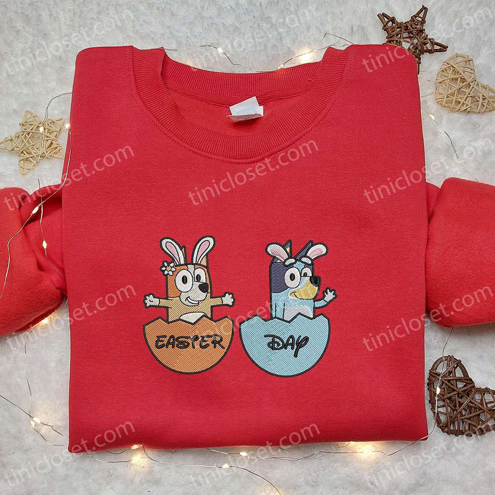 Bluey and Bingo Easter Day Embroidered Shirt & Cartoon Hoodie: Unique Thanksgiving Gift Ideas