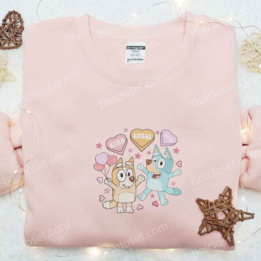 Adorable Bluey Kind Sweet Smile Embroidered Shirt & Cartoon Hoodie – Perfect Valentine’s Day Gifts