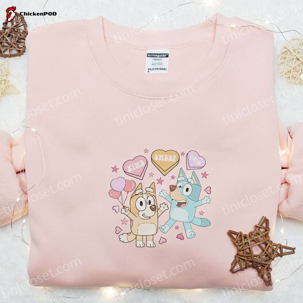 Adorable Bluey Kind Sweet Smile Embroidered Shirt & Cartoon Hoodie – Perfect Valentine’s Day Gifts