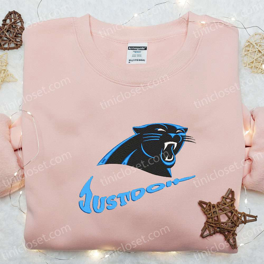 Carolina Panthers Just Do It x Nike Swoosh Shirt & Hoodie: NFL Sports Embroidered Gear Perfect Gift Idea