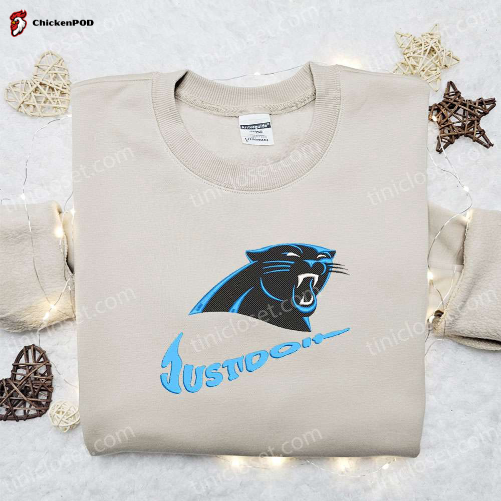 Carolina Panthers Just Do It x Nike Swoosh Shirt & Hoodie: NFL Sports Embroidered Gear Perfect Gift Idea