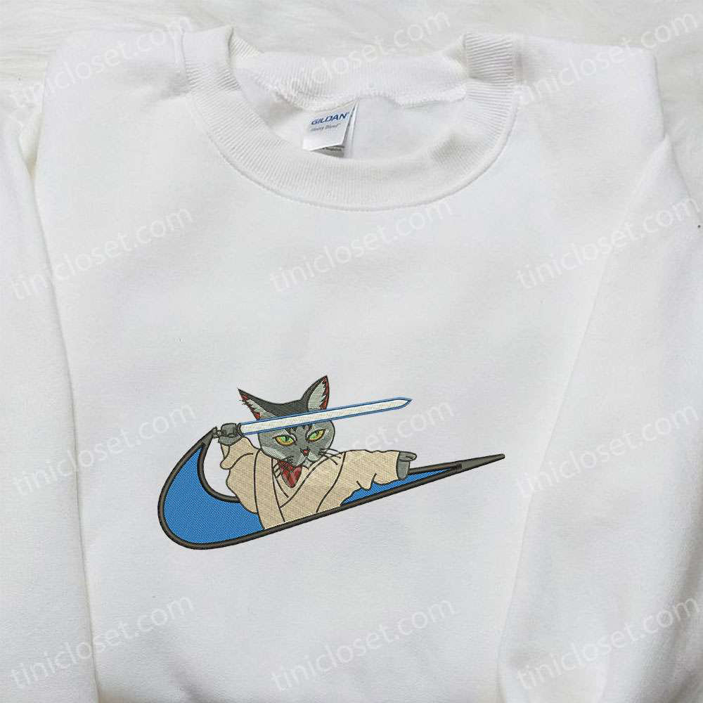 Cute Cat With Sword x Swoosh Embroidered Hoodie & Cartoon Nike Inspired Shirts