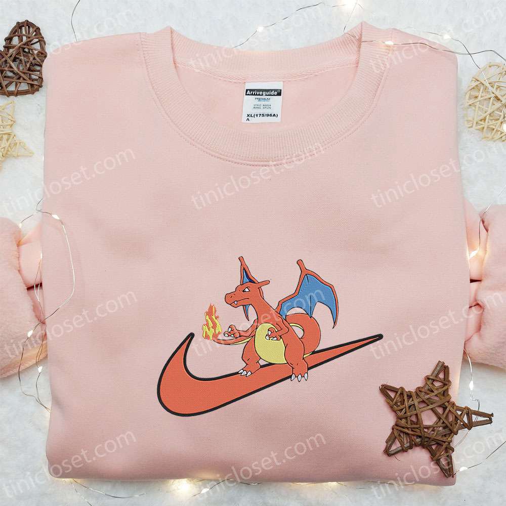 Charizard x Swoosh Anime Embroidered Sweatshirt: Nike Inspired Hoodie Perfect Family Birthday Gift