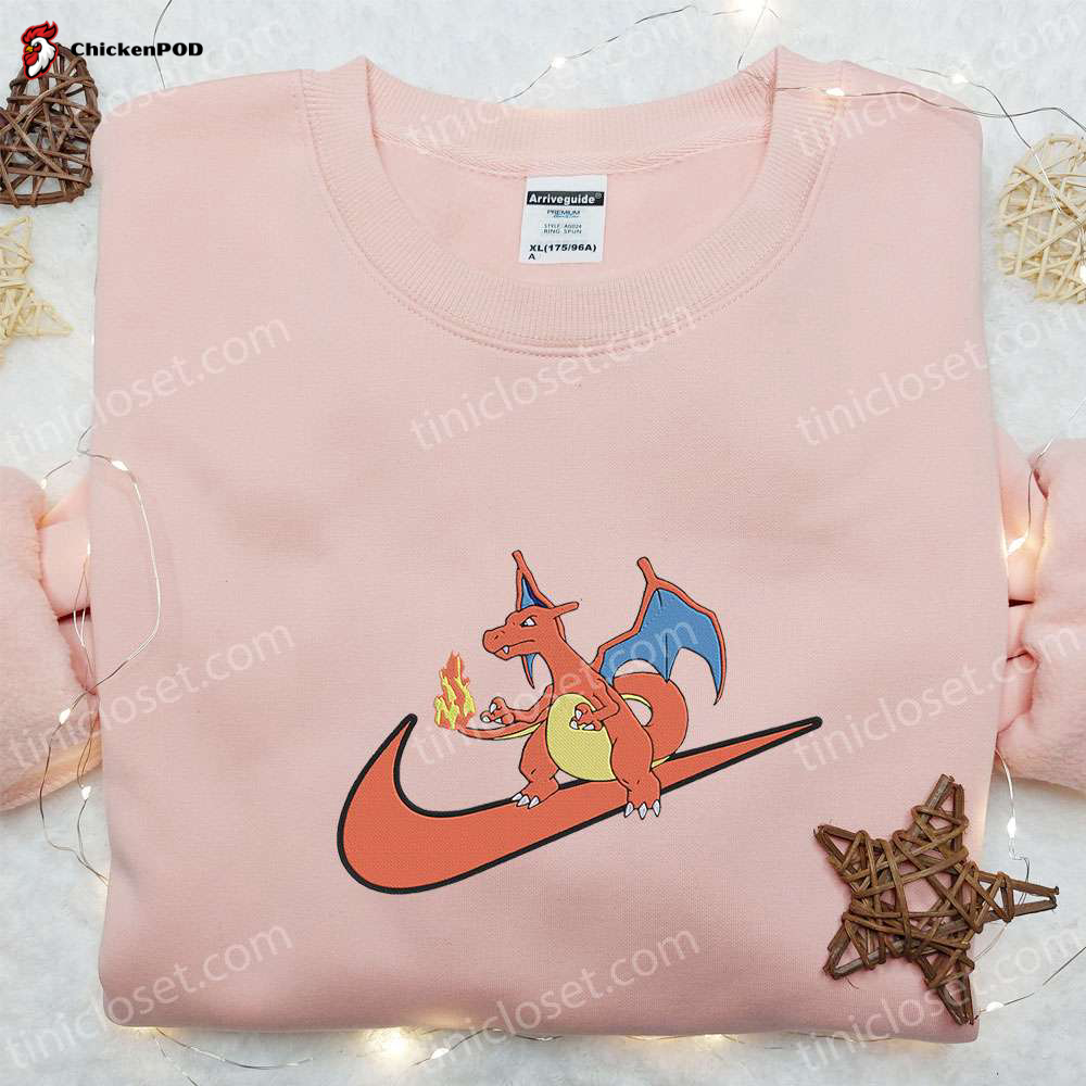 Charizard x Swoosh Anime Embroidered Sweatshirt: Nike Inspired Hoodie Perfect Family Birthday Gift