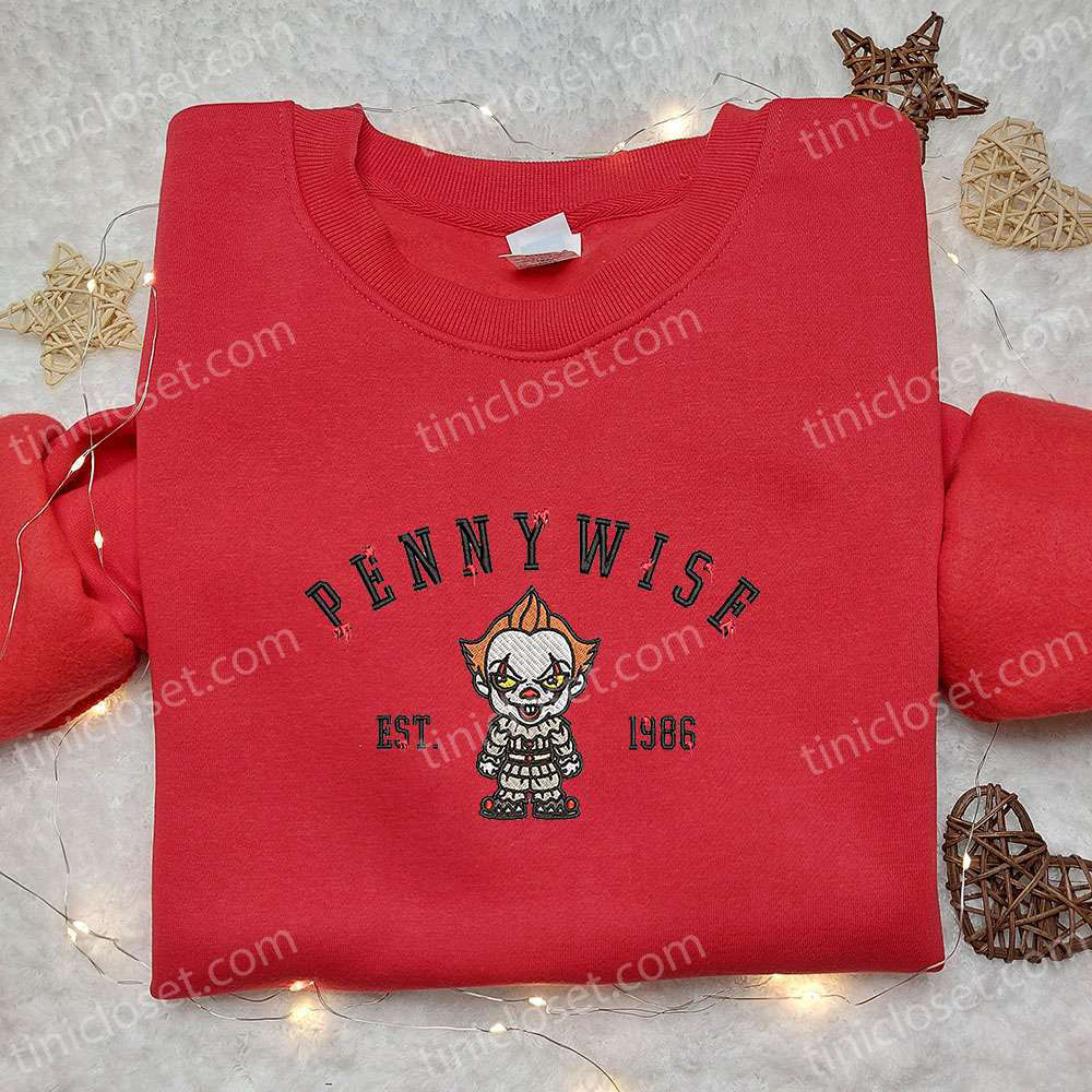 Chibi Pennywise Embroidered Shirt & Spooky Halloween Hoodie: Funny & Est 1986 Design