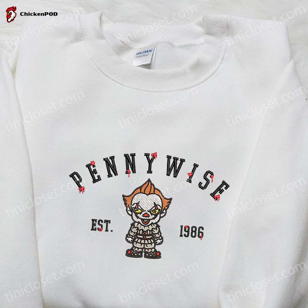 Chibi Pennywise Embroidered Shirt & Spooky Halloween Hoodie: Funny & Est 1986 Design