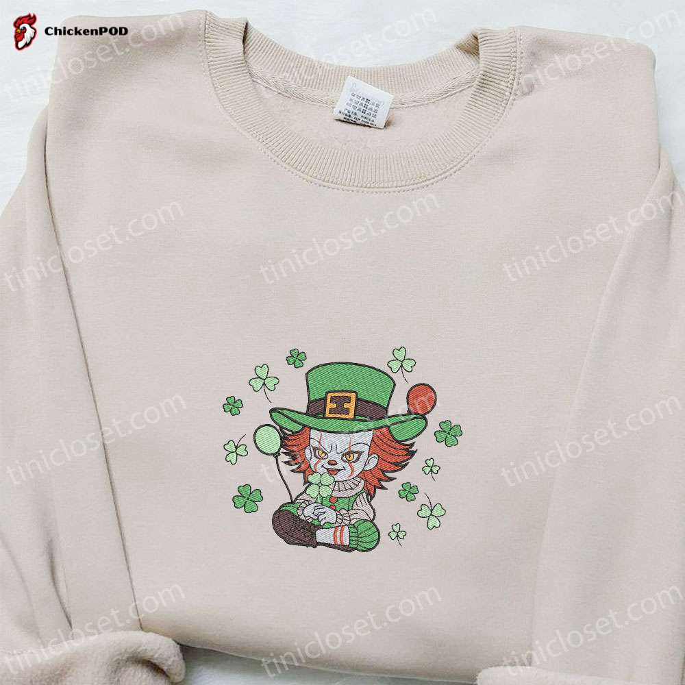 Get Festive with Chibi Pennywise Shamrock Embroidered Shirt & Hoodie – Perfect Saint Patrick’s Day Gift Ideas!