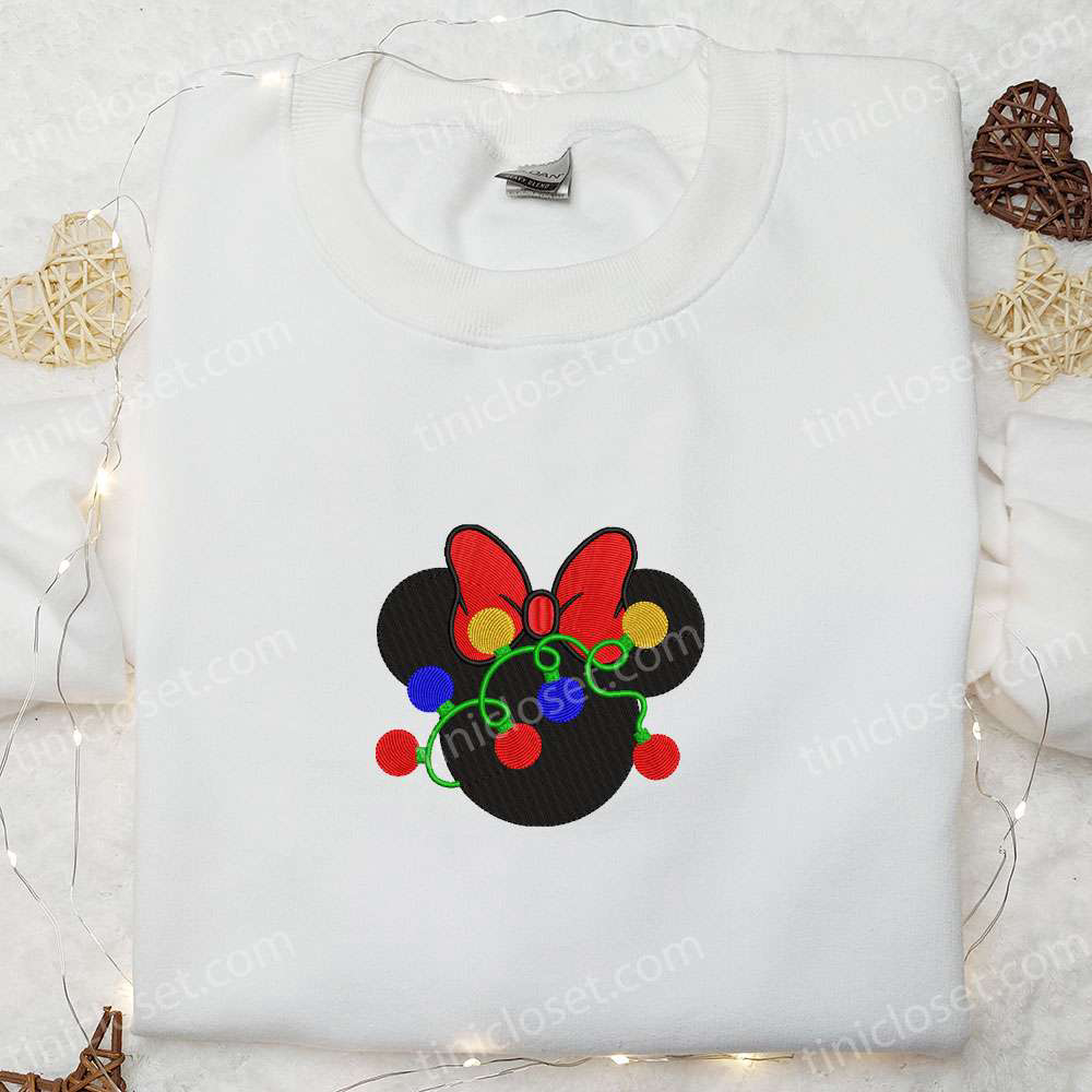 Disney Christmas Embroidered T-shirt & Sweatshirt: Festive Minnie Head with Tangled Lights Best Gift Ideas!