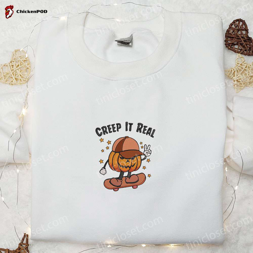 Spooky & Stylish: Creep It Real Pumpkin Boy Embroidered Shirt Hoodie & T-Shirt – Happy Halloween!