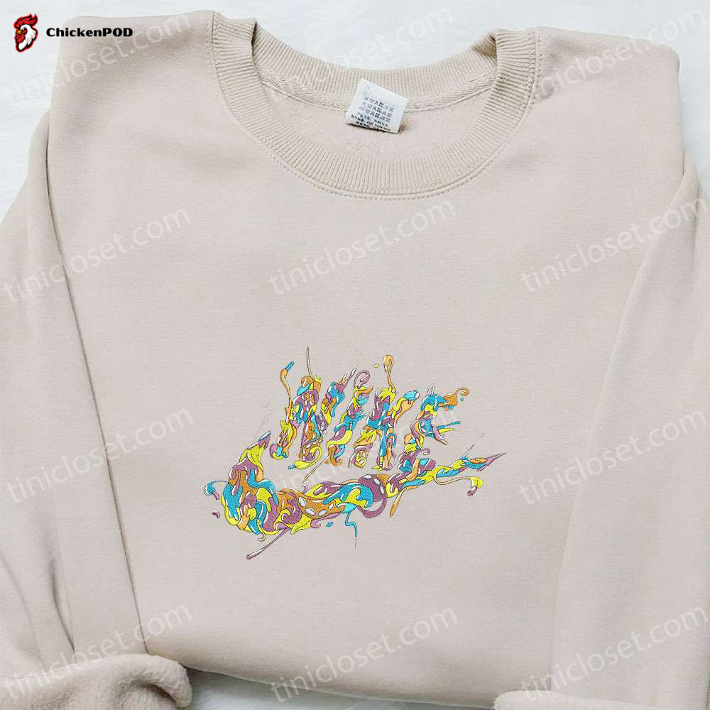 Curly Melting Nike Logo Embroidered Shirt & Hoodie Set: Best Family Gifts