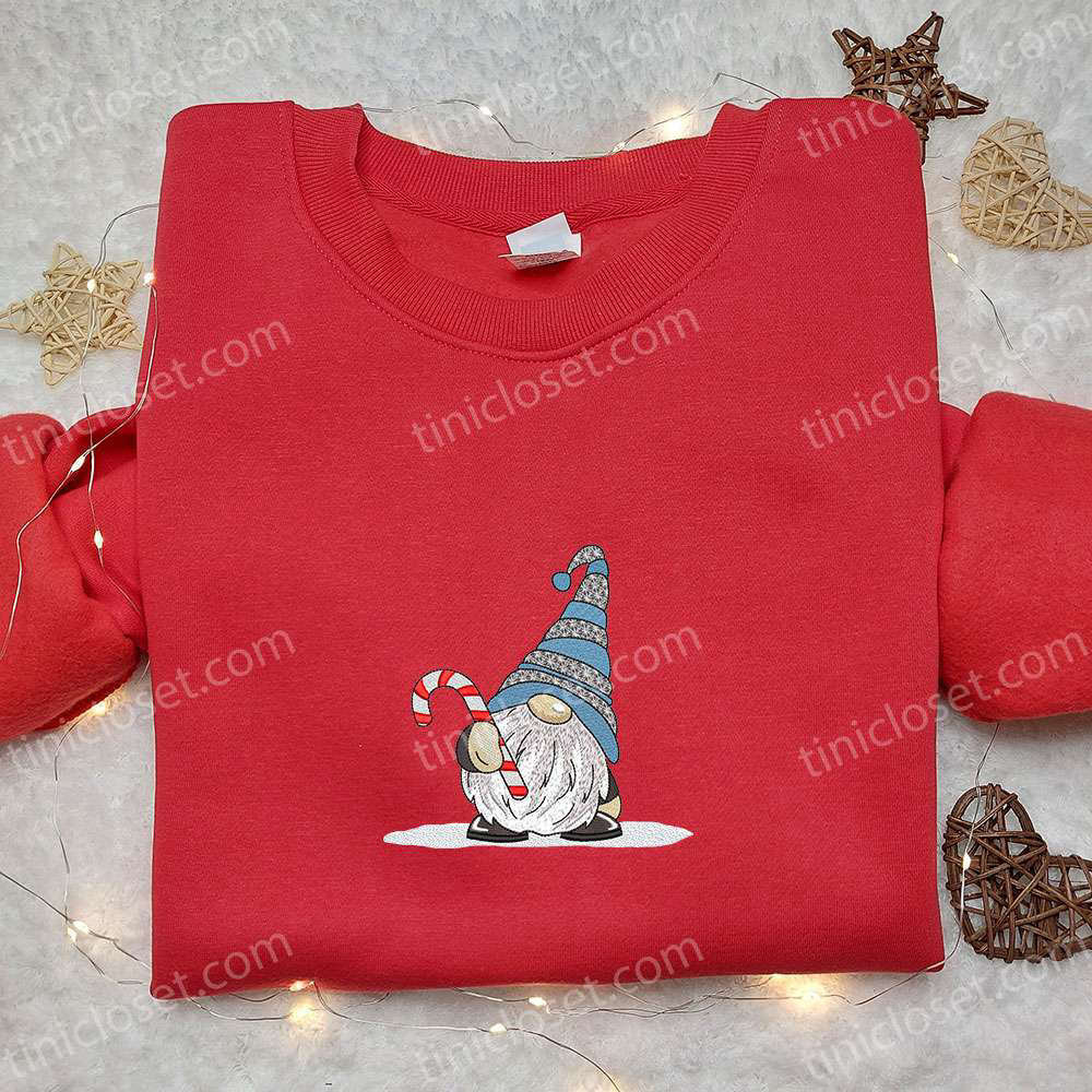 Cute Gnome Candy Cane Embroidered T-Shirt: Best Christmas Gift for Family