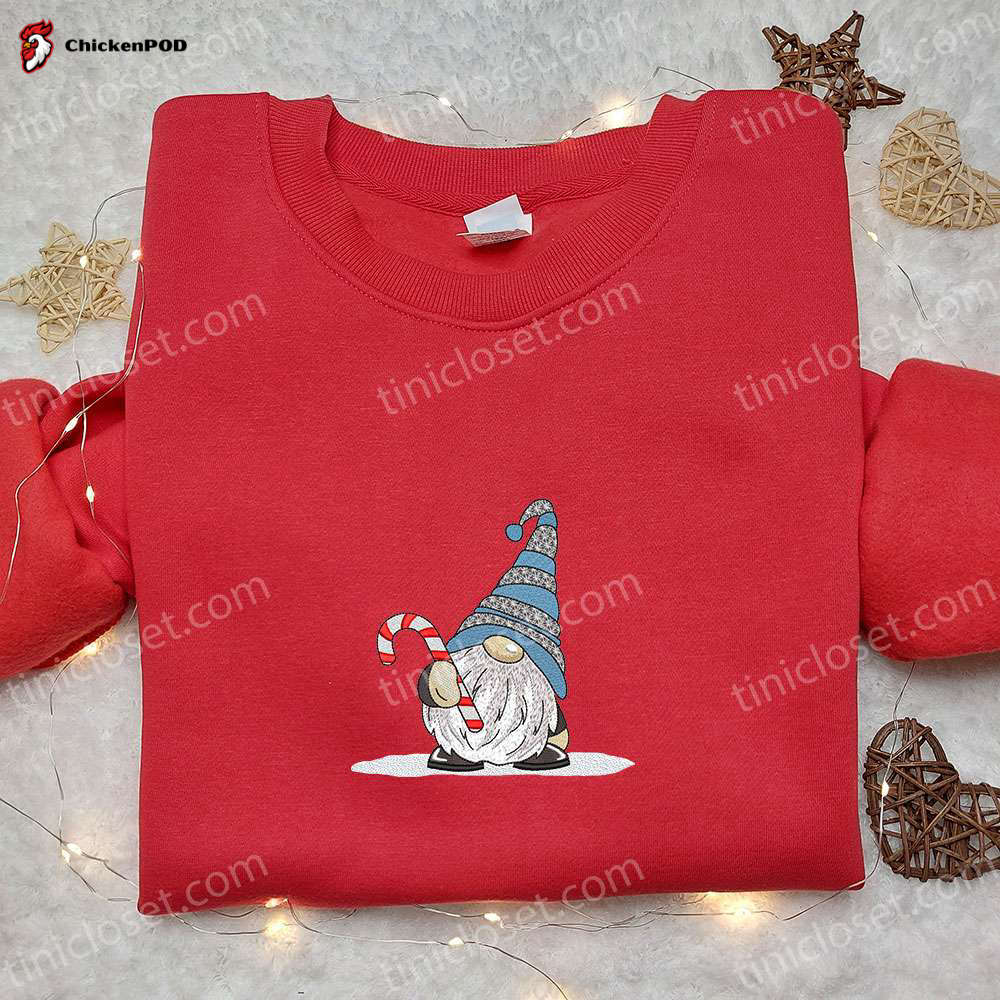 Cute Gnome Candy Cane Embroidered T-Shirt: Best Christmas Gift for Family