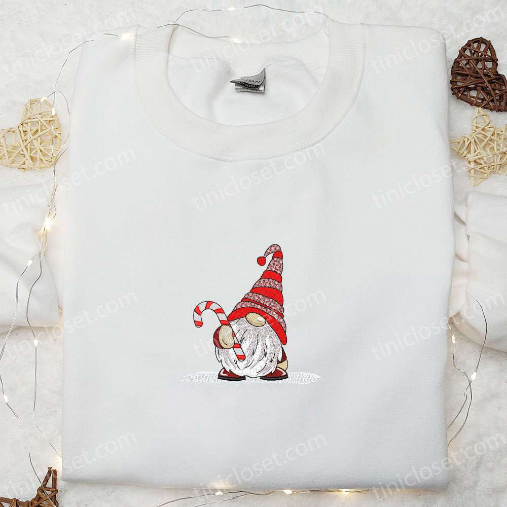 Cute Gnome & Candy Cane Embroidered T-shirt: Best Christmas Gift Ideas for Family