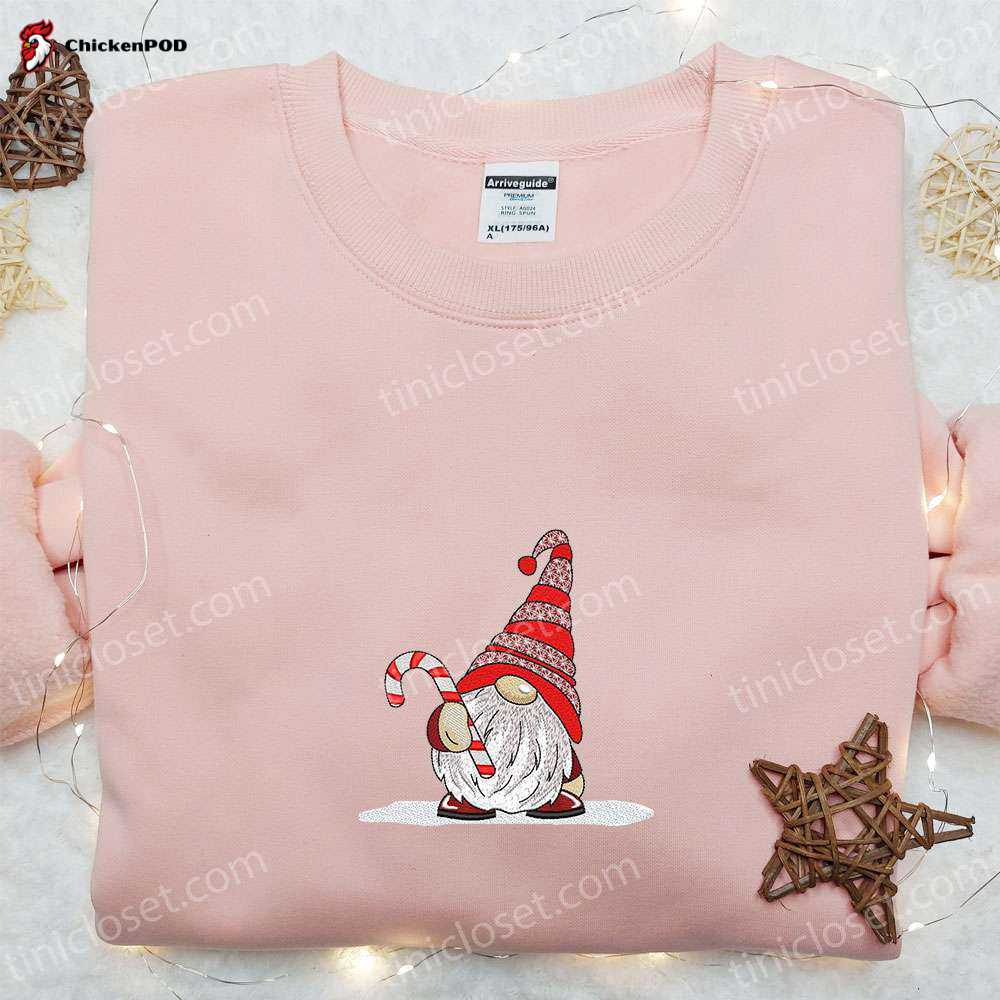 Cute Gnome & Candy Cane Embroidered T-shirt: Best Christmas Gift Ideas for Family