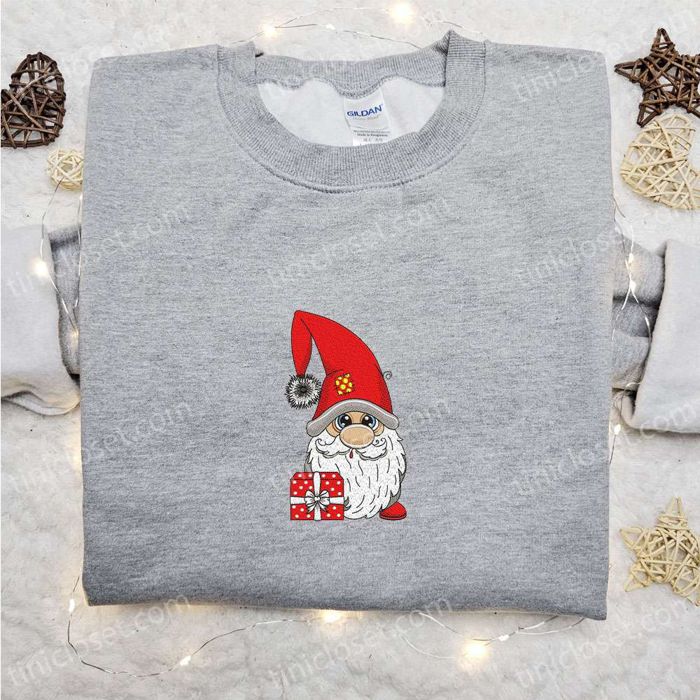 Cute Gnome with Gift Embroidered T-Shirt: Best Christmas Gift Ideas for Family